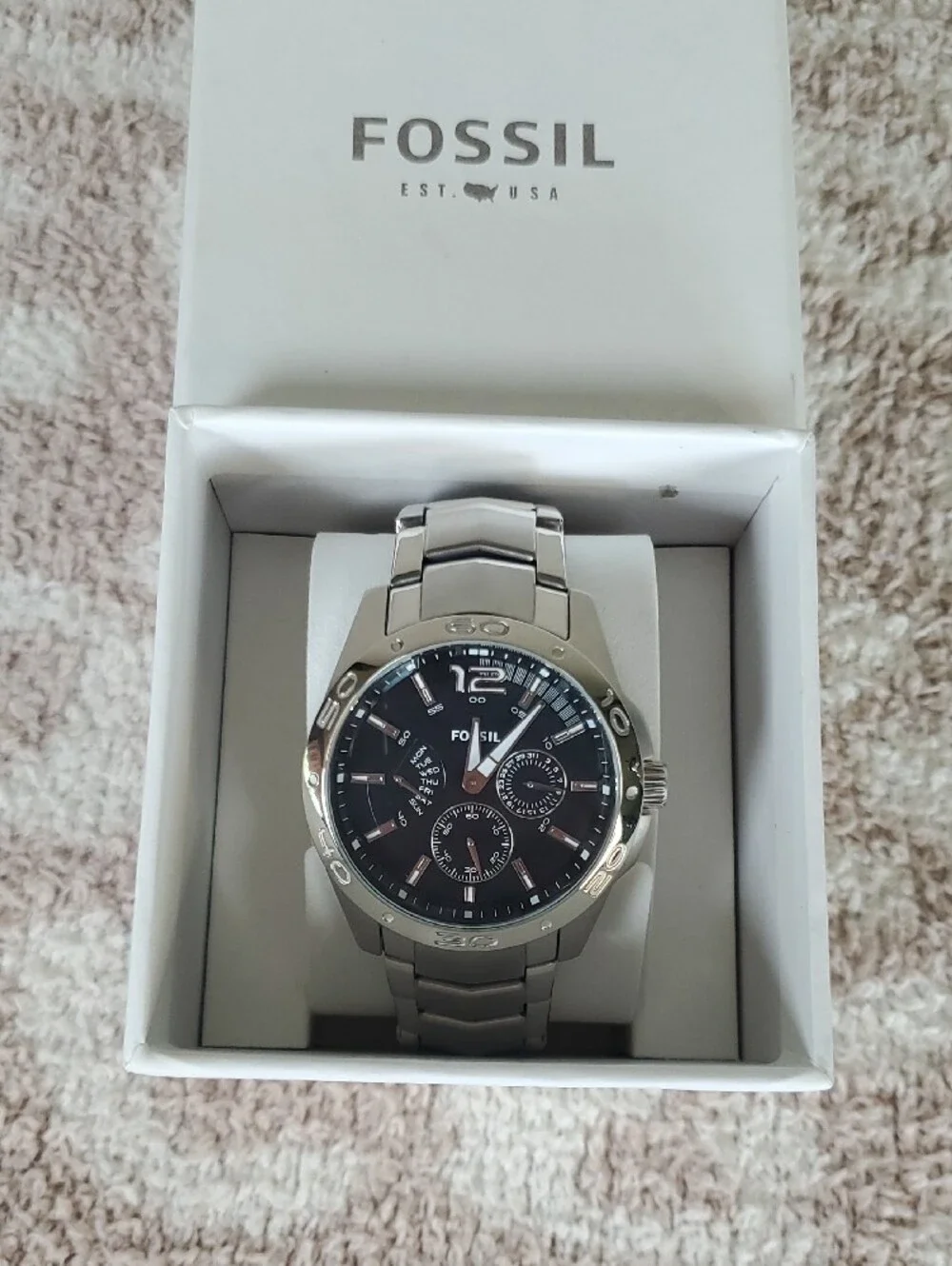 NWT Fossil BQ9419 Men's Stainless Steel Silver Watch with Black Dial